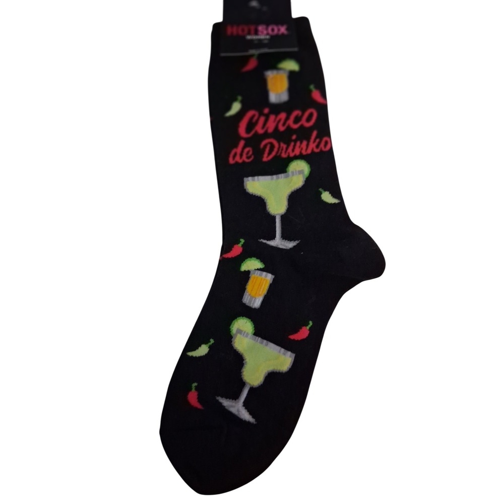 Hot Sox Women Cinco de Drinko Margarita Cocktail Black Crew Socks NEW